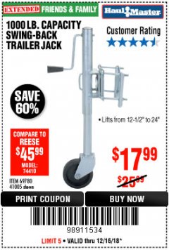 Harbor Freight Coupon 1000 LB. CAPACITY SWING-BACK TRAILER JACK Lot No. 41005/69780 Expired: 12/16/18 - $17.99
