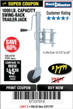 Harbor Freight Coupon 1000 LB. CAPACITY SWING-BACK TRAILER JACK Lot No. 41005/69780 Expired: 3/31/19 - $17.99