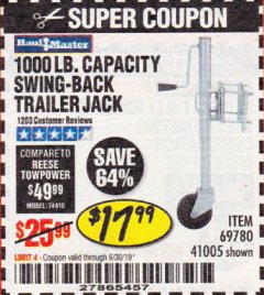 Harbor Freight Coupon 1000 LB. CAPACITY SWING-BACK TRAILER JACK Lot No. 41005/69780 Expired: 6/30/19 - $17.99