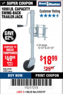 Harbor Freight Coupon 1000 LB. CAPACITY SWING-BACK TRAILER JACK Lot No. 41005/69780 Expired: 6/23/19 - $18.99
