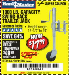 Harbor Freight Coupon 1000 LB. CAPACITY SWING-BACK TRAILER JACK Lot No. 41005/69780 Expired: 10/14/19 - $17.99
