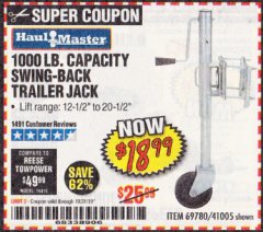 Harbor Freight Coupon 1000 LB. CAPACITY SWING-BACK TRAILER JACK Lot No. 41005/69780 Expired: 10/31/19 - $18.99