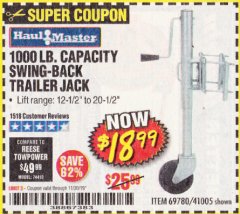 Harbor Freight Coupon 1000 LB. CAPACITY SWING-BACK TRAILER JACK Lot No. 41005/69780 Expired: 11/30/19 - $18.99