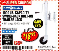 Harbor Freight Coupon 1000 LB. CAPACITY SWING-BACK TRAILER JACK Lot No. 41005/69780 Expired: 3/31/20 - $18.99