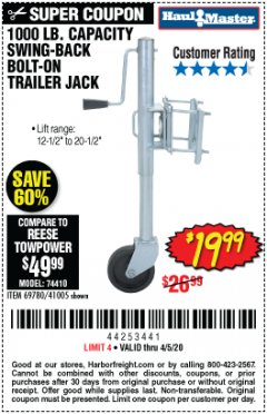 Harbor Freight Coupon 1000 LB. CAPACITY SWING-BACK TRAILER JACK Lot No. 41005/69780 Expired: 6/30/20 - $19.99