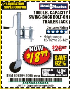 Harbor Freight Coupon 1000 LB. CAPACITY SWING-BACK TRAILER JACK Lot No. 41005/69780 Expired: 6/30/20 - $18.99