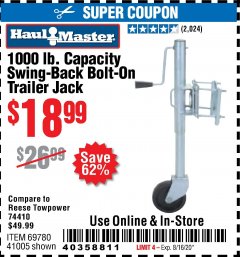 Harbor Freight Coupon 1000 LB. CAPACITY SWING-BACK TRAILER JACK Lot No. 41005/69780 Expired: 8/16/20 - $18.99