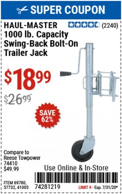 Harbor Freight Coupon 1000 LB. CAPACITY SWING-BACK TRAILER JACK Lot No. 41005/69780 Expired: 7/31/20 - $18.99