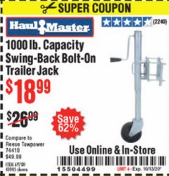 Harbor Freight Coupon 1000 LB. CAPACITY SWING-BACK TRAILER JACK Lot No. 41005/69780 Expired: 10/13/20 - $18.99