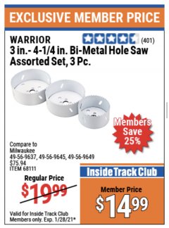 Harbor Freight ITC Coupon 3 PIECE BI-METAL HOLE SAW SET Lot No. 68989/68111 Expired: 1/28/21 - $14.99
