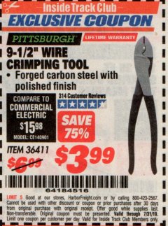 Harbor Freight ITC Coupon 9-1/2" WIRE CRIMPING TOOL Lot No. 36411 Expired: 7/31/19 - $3.99