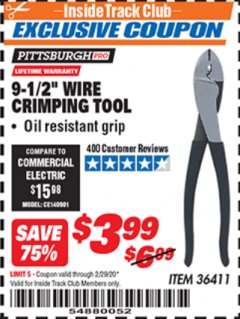 Harbor Freight ITC Coupon 9-1/2" WIRE CRIMPING TOOL Lot No. 36411 Expired: 2/29/20 - $3.99