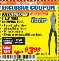 Harbor Freight ITC Coupon 9-1/2" WIRE CRIMPING TOOL Lot No. 36411 Expired: 6/30/20 - $3.99