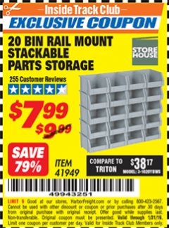Harbor Freight ITC Coupon 20 BIN RAIL MOUNT STACKABLE PARTS STORAGE Lot No. 41949 Expired: 1/31/19 - $7.99