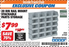 Harbor Freight ITC Coupon 20 BIN RAIL MOUNT STACKABLE PARTS STORAGE Lot No. 41949 Expired: 4/30/19 - $7.99