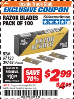 Harbor Freight ITC Coupon INDUSTRIAL QUALITY SINGLE EDGE UTILITY BLADES PACK OF 100 Lot No. 39748/67123 Expired: 3/31/20 - $2.99