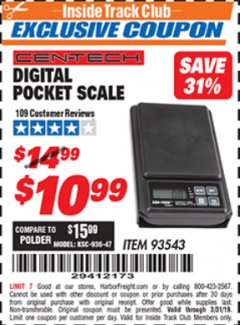 Harbor Freight ITC Coupon DIGITAL POCKET SCALE Lot No. 93543 Expired: 3/31/19 - $10.99