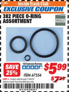 Harbor Freight ITC Coupon 382 PIECE O-RING ASSORTMENT Lot No. 67554 Expired: 11/30/19 - $5.99