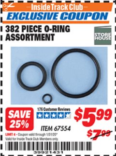 Harbor Freight ITC Coupon 382 PIECE O-RING ASSORTMENT Lot No. 67554 Expired: 1/31/20 - $5.99