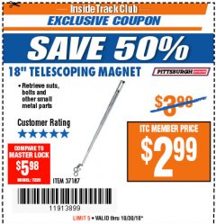 Harbor Freight ITC Coupon 18" TELESCOPING MAGNET Lot No. 37187 Expired: 10/30/18 - $2.99