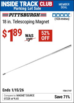 Harbor Freight ITC Coupon PITTSBURGH 18 IN. TELESCOPING MAGNET Lot No. 37187 Valid Thru: 1/15/26 - $1.89