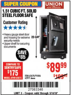 Harbor Freight Coupon 1.51 CUBIC FT. SOLID STEEL DIGITAL FLOOR SAFE Lot No. 61565/62678/91006 Expired: 5/14/18 - $89.99