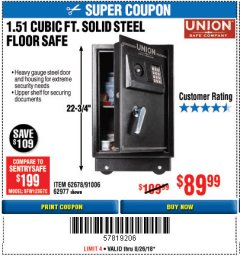 Harbor Freight Coupon 1.51 CUBIC FT. SOLID STEEL DIGITAL FLOOR SAFE Lot No. 61565/62678/91006 Expired: 8/26/18 - $89.99