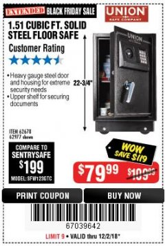 Harbor Freight Coupon 1.51 CUBIC FT. SOLID STEEL DIGITAL FLOOR SAFE Lot No. 61565/62678/91006 Expired: 12/2/18 - $79.99