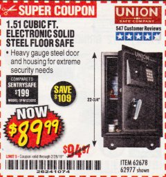 Harbor Freight Coupon 1.51 CUBIC FT. SOLID STEEL DIGITAL FLOOR SAFE Lot No. 61565/62678/91006 Expired: 2/28/19 - $89.99