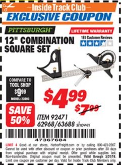 Harbor Freight ITC Coupon 12" COMBINATION SQUARE Lot No. 62968/92471 Expired: 5/31/19 - $4.99