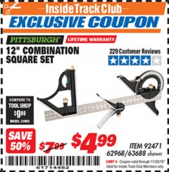 Harbor Freight ITC Coupon 12" COMBINATION SQUARE Lot No. 62968/92471 Expired: 11/30/19 - $4.99