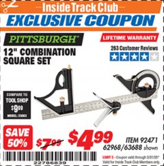 Harbor Freight ITC Coupon 12" COMBINATION SQUARE Lot No. 62968/92471 Expired: 3/31/20 - $4.99