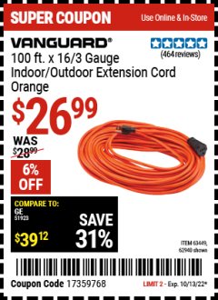 Harbor Freight Coupon 100 FT X 16 GAUGE OUTDOOR EXTENSION CORD Lot No. 62940/61908 Expired: 10/13/22 - $26.99