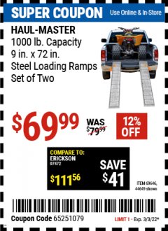 Harbor Freight Coupon 1000 LB. STEEL LOADING RAMPS, SET OF TWO Lot No. 44649 Expired: 3/3/22 - $69.99