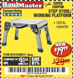 Harbor Freight Coupon STEP STOOL/WORKING PLATFORM Lot No. 66911/62515 Expired: 10/15/18 - $19.99