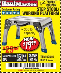 Harbor Freight Coupon STEP STOOL/WORKING PLATFORM Lot No. 66911/62515 Expired: 10/14/18 - $19.99