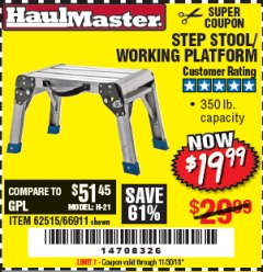 Harbor Freight Coupon STEP STOOL/WORKING PLATFORM Lot No. 66911/62515 Expired: 11/30/18 - $19.99