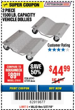 Harbor Freight Coupon 2 PIECE 1500 LB. CAPACITY VEHICLE WHEEL DOLLIES Lot No. 60343/67338 Expired: 5/27/18 - $44.99