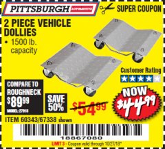 Harbor Freight Coupon 2 PIECE 1500 LB. CAPACITY VEHICLE WHEEL DOLLIES Lot No. 60343/67338 Expired: 10/27/18 - $44.99