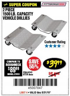 Harbor Freight Coupon 2 PIECE 1500 LB. CAPACITY VEHICLE WHEEL DOLLIES Lot No. 60343/67338 Expired: 8/31/18 - $39.99