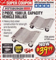 Harbor Freight Coupon 2 PIECE 1500 LB. CAPACITY VEHICLE WHEEL DOLLIES Lot No. 60343/67338 Expired: 2/28/19 - $39.99