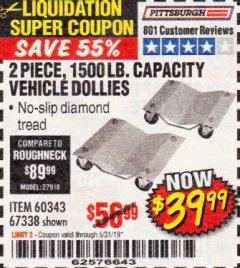 Harbor Freight Coupon 2 PIECE 1500 LB. CAPACITY VEHICLE WHEEL DOLLIES Lot No. 60343/67338 Expired: 5/31/19 - $39.99