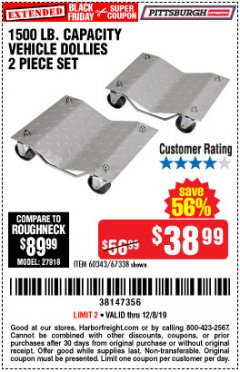 Harbor Freight Coupon 2 PIECE 1500 LB. CAPACITY VEHICLE WHEEL DOLLIES Lot No. 60343/67338 Expired: 12/8/19 - $38.99