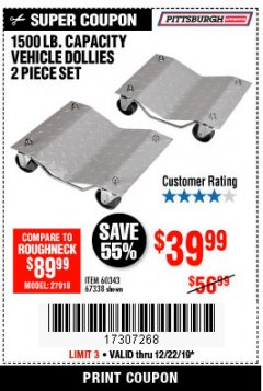 Harbor Freight Coupon 2 PIECE 1500 LB. CAPACITY VEHICLE WHEEL DOLLIES Lot No. 60343/67338 Expired: 12/22/19 - $39.99