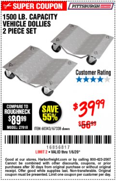 Harbor Freight Coupon 2 PIECE 1500 LB. CAPACITY VEHICLE WHEEL DOLLIES Lot No. 60343/67338 Expired: 1/6/20 - $39.99