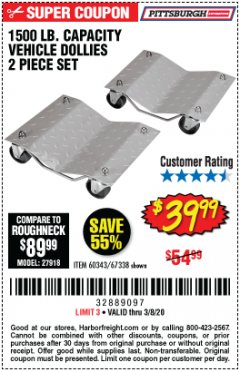 Harbor Freight Coupon 2 PIECE 1500 LB. CAPACITY VEHICLE WHEEL DOLLIES Lot No. 60343/67338 Expired: 2/8/20 - $39.99