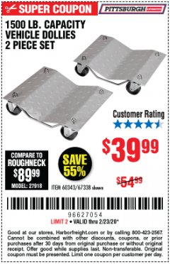 Harbor Freight Coupon 2 PIECE 1500 LB. CAPACITY VEHICLE WHEEL DOLLIES Lot No. 60343/67338 Expired: 2/23/20 - $39.99