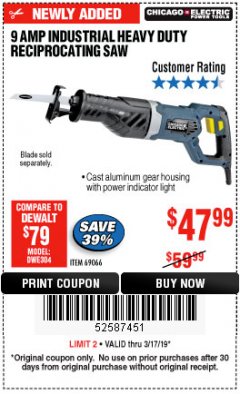 Harbor Freight Coupon 9 AMP, HEAVY DUTY VARIABLE SPEED RECIPROCATING SAW Lot No. 69066 Expired: 3/17/19 - $47.99