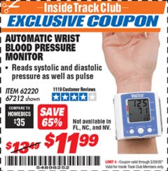 Harbor Freight ITC Coupon AUTOMATIC WRIST BLOOD PRESSURE MONITOR Lot No. 67212/62220 Expired: 2/29/20 - $11.99