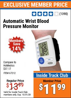 Harbor Freight ITC Coupon AUTOMATIC WRIST BLOOD PRESSURE MONITOR Lot No. 67212/62220 Expired: 10/31/20 - $11.99